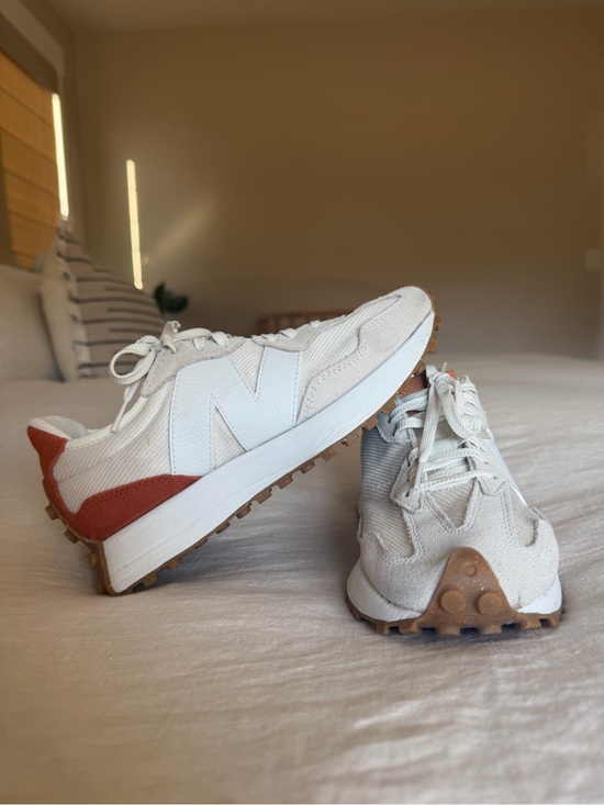 New Balance Shoes - NEW BALANCE 327 White & Tan Leather-Trim Low-Top Sneakers